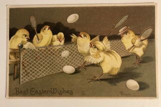 Easter Chicks Playing Tennis With Eggs Antique 1908 Fantasy Postcard - K141