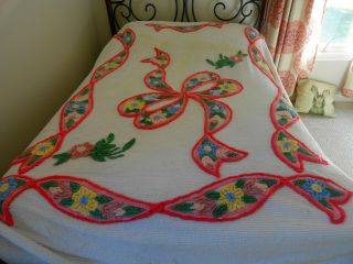 Vintage Full Size White Pink Yellow Floral Chenille Bedspread Cutter Craft