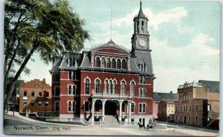 Norwich,  Connecticut Postcard City Hall Building,  Street View 1909