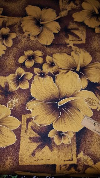 Vintage Hawaiian Textiles Vhy Fabric Gold Hibiscus Brown Yellow 35 " X 35 "