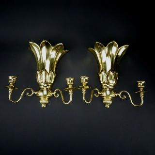 Solid Brass Double Candle Sconces W/ Flower Holders Vase Tops