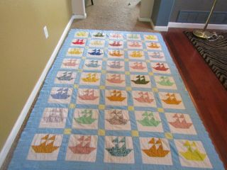 Vintage Handmade Hand Stitched Quilt 84” X 56” Sailboats.  Vibrant In Color