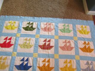 Vintage Handmade Hand Stitched Quilt 84” X 56” Sailboats.  Vibrant in color 2