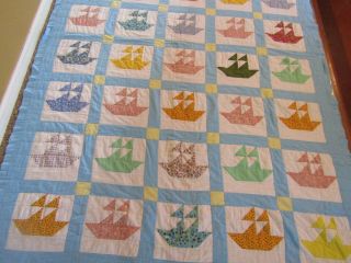 Vintage Handmade Hand Stitched Quilt 84” X 56” Sailboats.  Vibrant in color 4