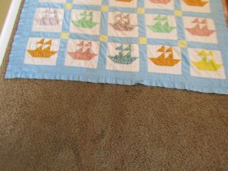 Vintage Handmade Hand Stitched Quilt 84” X 56” Sailboats.  Vibrant in color 5