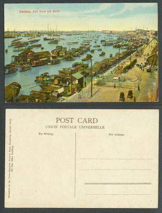 China Old Colour Postcard Canton Bund And River Street Harbour Sampans Boats
