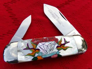 Winchester Large Toenail Pearl Handled Knife Diamond & Opal Red Roses Flying Bir