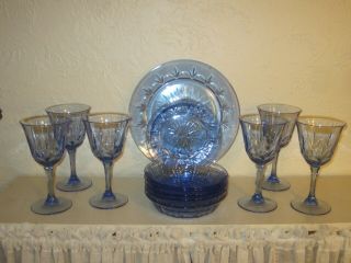 18 Pc Fostoria Avon Cobalt Blue Starburst Dinner Plates / Bowls / Wine Glasses