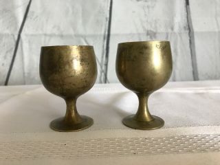 Vintage Pair Set Of 2 Chalice Pedestal Goblet Cups Brass Metal India 2.  5 " Tall