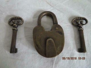 Vtg Antique Solid Brass Lever Padlock Lock And Two Keys