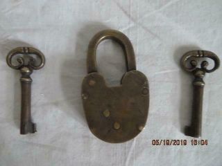 Vtg Antique Solid Brass Lever Padlock Lock and Two Keys 3