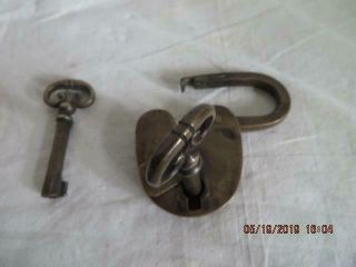 Vtg Antique Solid Brass Lever Padlock Lock and Two Keys 4