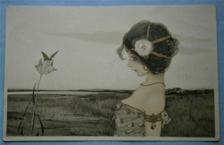 130.  Raphael Kirchner Postcard - Girl With Butterfly From The Early 1900 