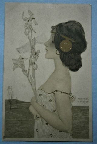127.  Raphael Kirchner Postcard By Tuck - Girl With Iris From The Early 1900 