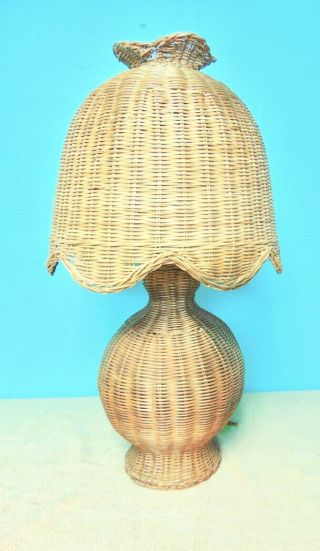 Vintage 26 " Grey All Wicker Table Lamp & Lamp Shade Great