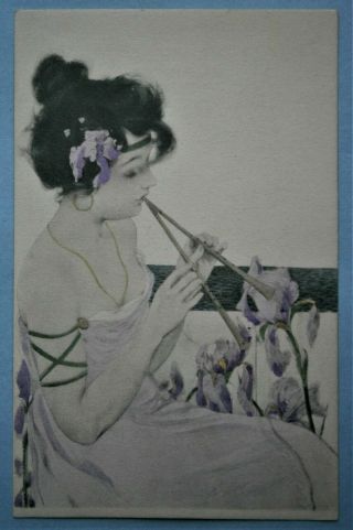 124.  Raphael Kirchner Postcard - Girl With Flute From The Early 1900 