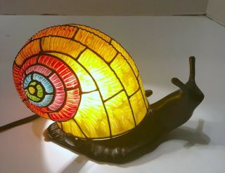 Vintage Metal Snail Lamp With Tiffany Style Painted Glass Shell Table Accent