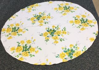 Vintage 50s Round Kitchen Tablecloth Flower Rose Leaves Yellow Green White