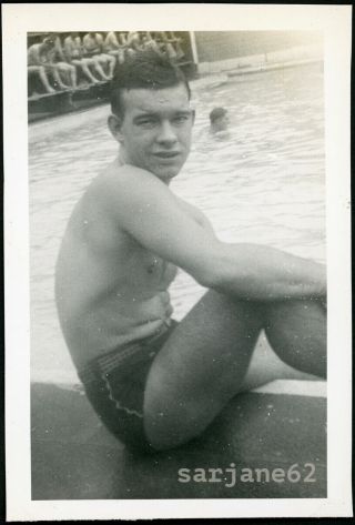 Beefy Young Shirtless Gi Man In Swimsuit By Swimming Pool Vintage Gay Int Photo