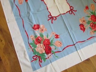 Vintage Tablecloth Cabbage Rose Tulip Geranium Red Blue White Cotton/rayon