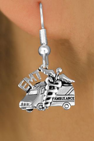Ambulance Emt Silvertone Charm Earrings