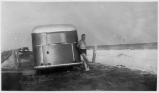 Old Photo Man Wearing Swimsuit Leaning On Trailer By Beach 1940s