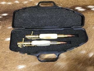 Anitque Brass Real Deer Antler Pen And Pencil Set With Gun Case