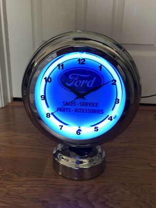 Ford Sales And Service Neon Double Sided Clock Advertising