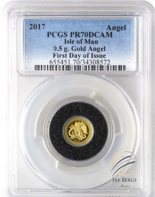 2017 Isle Of Man Gold Angel.  5 Gram.  9999 Proof Pcgs Pr70dcam First Day Of Issue