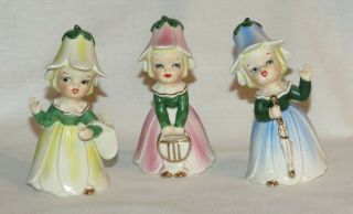 Set Of 3 Vintage Adorable Tulip Flower Hat & Dress Pixie Girl Figurines