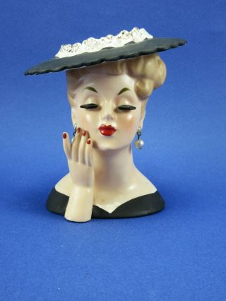 Vintage 1958 Napco Lady Head Vase Broken Thumb Black Pearl Earrings Japan Label