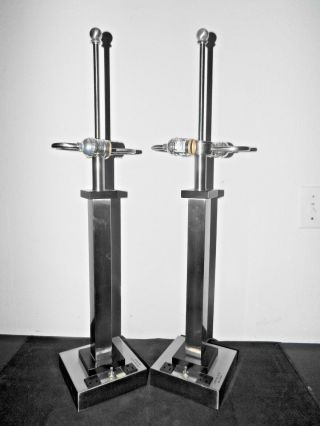 Lamps Hotel Style Pair 29 " H Chrome & Wood Power Table Lamps W/2 Plug Outlet Base