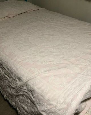 Gorgeous Vintage Pink Cotton Bates Queen Elizabeth Full Bedspread Fringe 100x112