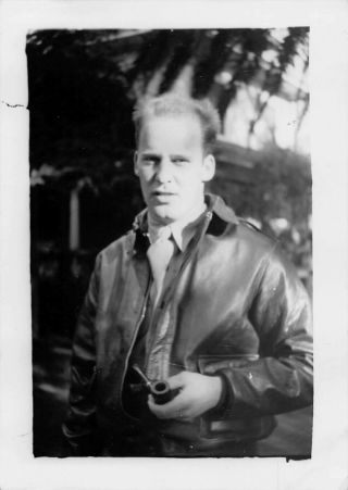 Handsome Pipe Smoking Beefcake Man Leather Jacket Air Force Vtg Gay Int Photo