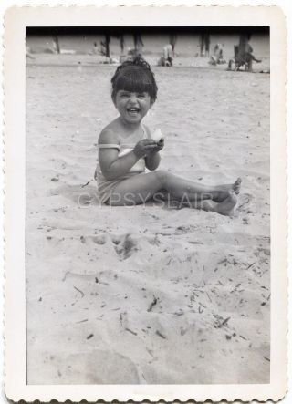 1950 Vintage Photo Cute Girl In Swimsuit W Happy Laughing Face Atlantic City Nj