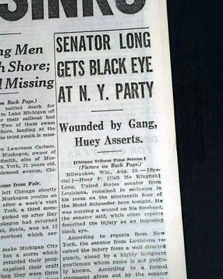 Huey Long The Kingfish Gets Black Eye At Sands Point Ny Party 1933 Old Newspaper