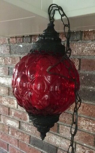 Vintage Mid Century Mcm Mod Red Glass Globe Hanging Swag Lamp Light W/ Diffuser