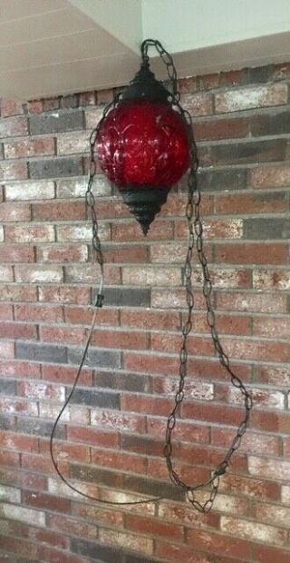 Vintage Mid Century MCM Mod Red Glass Globe Hanging Swag Lamp Light w/ Diffuser 5