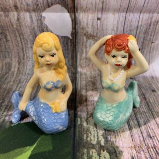 Mermaid Salt & Pepper Shakers Red Head & Blonde Posing 4.  5” Tall Purple & Green