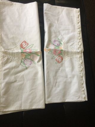 Vintage Hand Embroidered/crocheted Pillow Cases Floral Pink