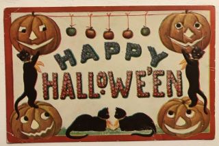 Antique Happy Halloween Postcard Black Cats Jol Pumpkins Apples - C471