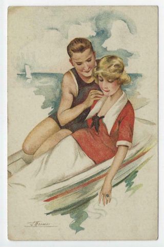 Artist Signed Suzanne Meunier Art Deco Couple On Skiff Postcard Vtg