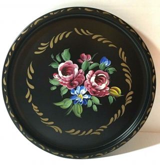 Vintage Nacho Products Tole Hand Painted Rose Floral Metal Tray 11 " Round Vgc