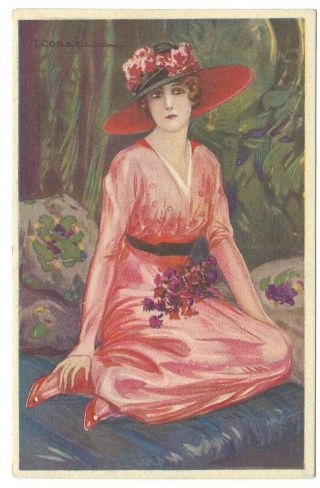 Artist Signed Tito Corbella Art Deco Woman In Pink Hat Postcard Vtg