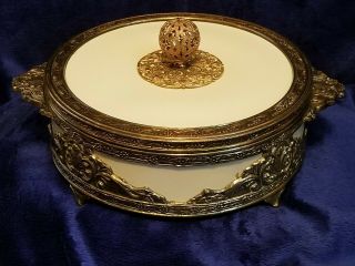Vintage Gold Ormolu Filigree Round Glass Insert Jewelry Trinket Or Powder Box