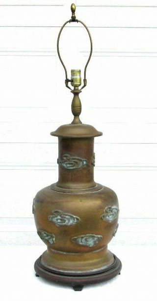 Jumbo Shabby Vintage Hollywood Regency Asian Oriental Wood Stand Base Brass Lamp