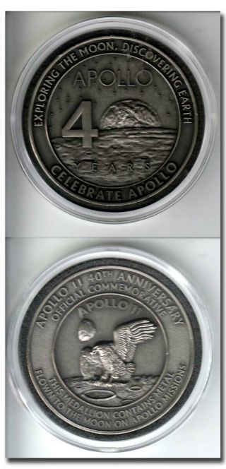 Apollo 11 40th Anniversary Medal With Flown To The Moon Metal - 2h51