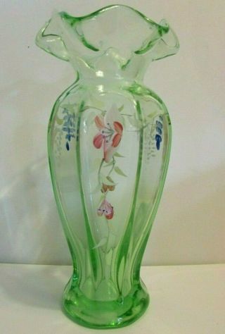 Green Glass Fenton? Handpainted Vase With Floral Design,  8 "