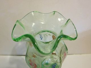 Green Glass Fenton? Handpainted Vase with Floral Design,  8 