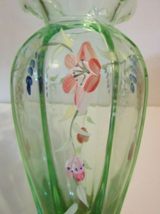Green Glass Fenton? Handpainted Vase with Floral Design,  8 